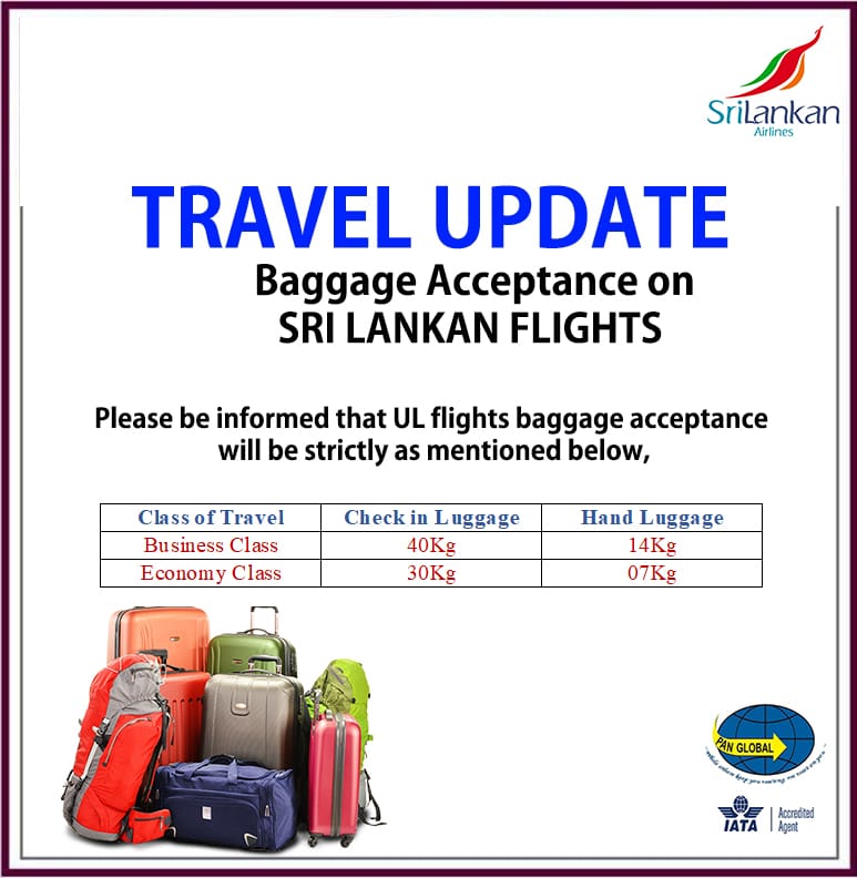 Baggage Acceptance on Sri Lankan flights - Pan Global Travels & Tours